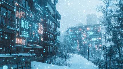 Futuristic winter cityscape with glowing digital interfaces on buildings, snowfall, and cyberpunk aesthetics in a sci-fi setting