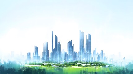 Fototapeta premium Modern City Skyline with Lush Green Parkland Below