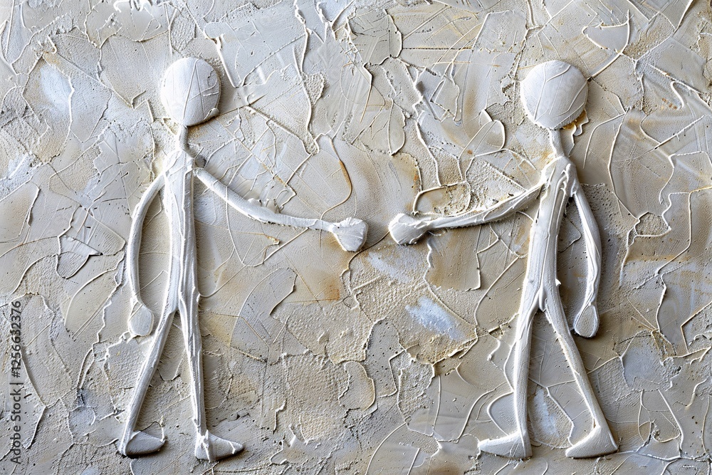 Poster two white figures shaking hands on a textured background