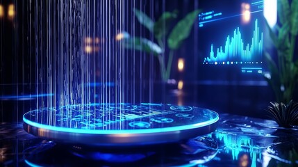Modern bathroom scene with an illuminated smart scale, AR hologram showing weight tracking graphs and trends, health tech theme
