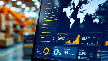 High-tech display showing global logistics data in a modern warehouse with robotic arms in action - Powered by Adobe