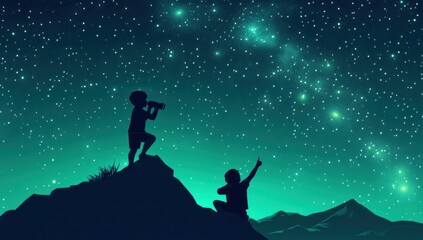 Two boys on top of the mountain, one boy holding binoculars looking at stars in sky, other child sitting and pointing to starry night sky, silhouettes, dreamy illustration, cartoon style Generative AI