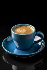 Fototapeta premium A Stunning 4K Image of a Sleek Blue Ceramic Coffee Cup with Light Foam, Elegantly Placed on a Matching Saucer Against a Pure Black Background