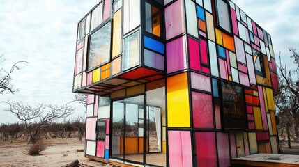 Obraz premium Colorful, modern, cube-shaped house with vibrant, stained glass panels in a desert landscape.