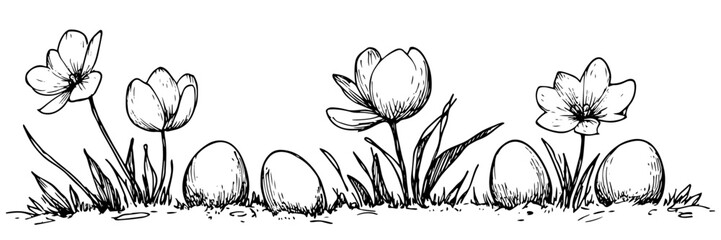 Easter eggs among spring flowers black ink  doodle sketch engraving vector