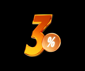 Orange 3% or three percent isolated on black background. 3D rendering
