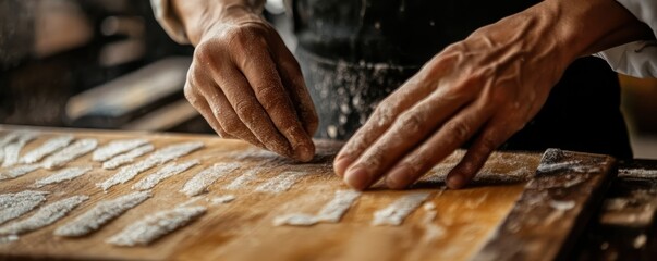 Asian male chef preparing fresh handmade noodles in traditional kitchen setting