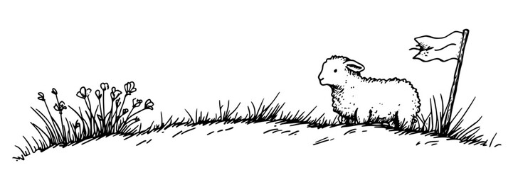 Easter lamb with flag on hill black ink  doodle sketch engraving vector