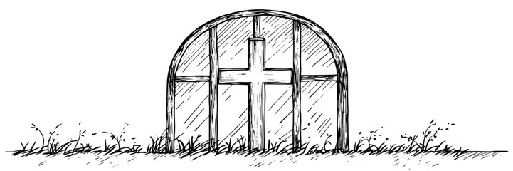 glass dome with christian cross monochrome doodle sketch engraving, laser cutting vector