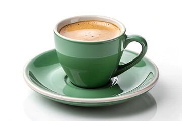 Obraz premium A Beautiful 4K Image of a Sleek Green Ceramic Coffee Cup with Light Foam, Elegantly Placed on a Matching Saucer Against a Pure White Background