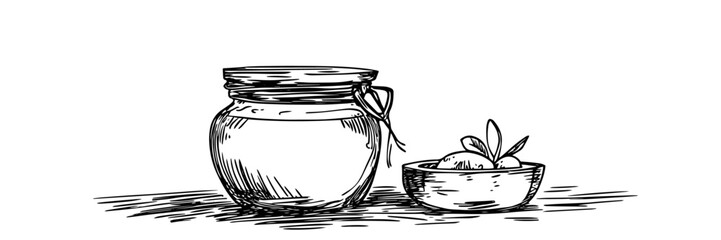 glass jar with fruit black vector engraving illustration