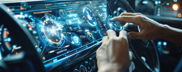 Driver using touch screen interface to interact with futuristic car's digital dashboard