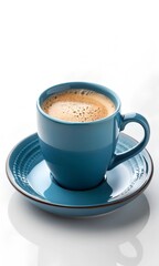 Fototapeta premium A Stunning of a Sleek Blue Ceramic Coffee Cup with Light Foam, Elegantly Placed on a Matching Saucer Against a Pure White Background