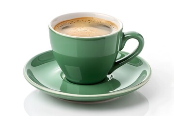 Fototapeta premium A Beautiful 4K Image of a Sleek Green Ceramic Coffee Cup with Light Foam, Elegantly Placed on a Matching Saucer Against a Pure White Background