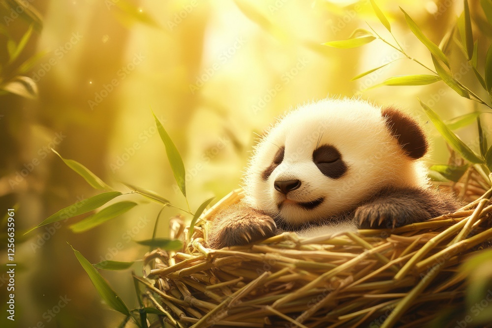 Poster Panda resting peacefully in a cozy nest surrounded by bamboo forest during golden hour. Generative AI