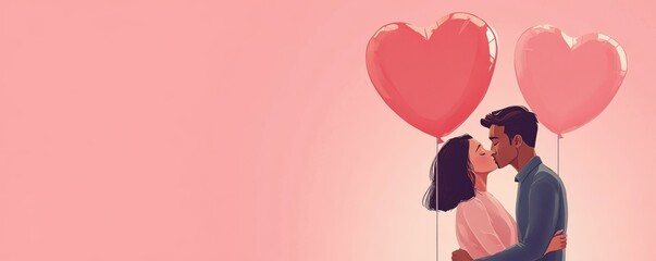 Young couple kissing with heart balloons on pink background