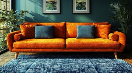 Obraz premium Cozy and Inviting Interior Design Featuring a Vibrant Orange Sofa with Comfortable Pillows in a Well-Lit Basement Space Surrounded by Natural Elements and Decor