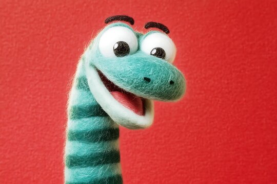 Joyful teal felt dinosaur puppet against a vibrant red background, a cheerful and playful design.