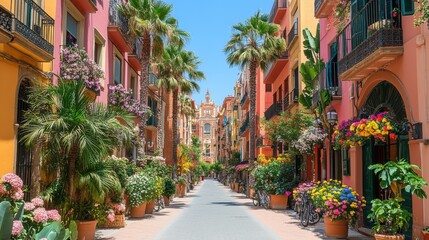 Fototapeta premium Sunlit Barcelona Sidewalk Showcasing Colorful Buildings and Vibrant Plants along a Picturesque Street in a Charming Neighborhood