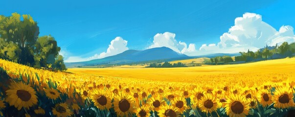 Vibrant sunflower field under blue sky with majestic mountain background