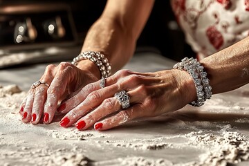 Woman's hands adorned with diamonds kneading dough.