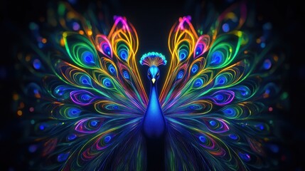 Colorful peacock, vibrant plumage, dark background, artistic rendering, nature print