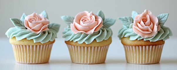 Elegant rose cupcakes with pastel icing and buttercream decorations