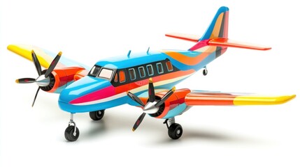 Fototapeta premium Colorful toy airplane on white background; travel, fun