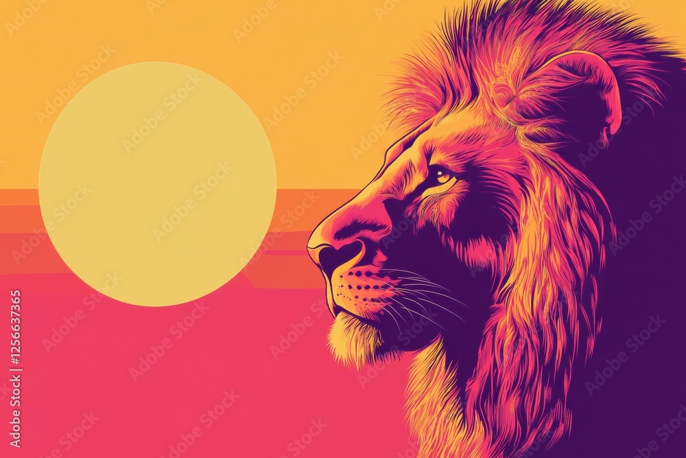 Poster bold pop art lion portrait against vibrant savanna sunset with ample space for text and visual impac
