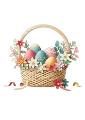 Fototapeta premium Elegant Easter basket illustration with colorful decorated eggs, delicate spring flowers, and woven wicker. Perfect for holiday greeting cards, invitations, and seasonal decorations.