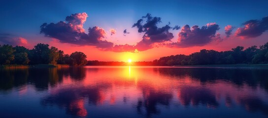 Naklejka premium Vibrant sunset over calm lake, reflecting colorful sky and clouds.