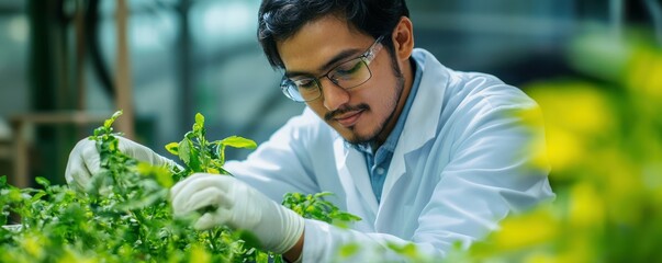 Asian male scientist examining plants in greenhouse with focused precision