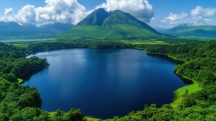 Fototapeta premium Serene Panoramic View of a Tranquil Lake Surrounded by Lush Greenery and Majestic Mountains Under a Blue Sky with Cloud Patterns