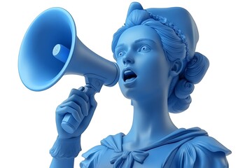 Blue monochrome statue of a woman shouting in a megaphone.