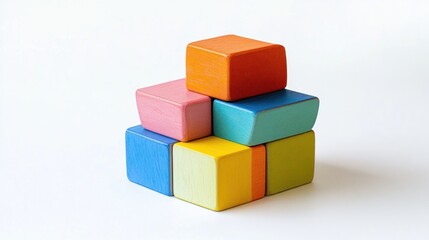 Obraz premium Colorful wooden blocks stacked, white background, children's toy, educational