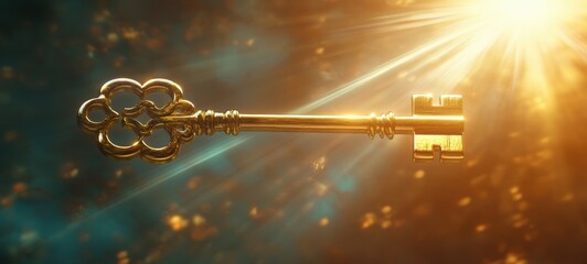 A golden key floating in a bright beam of light, symbolic of spiritual knowledge crisp edge