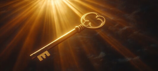 A golden key floating in a bright beam of light, symbolic of spiritual knowledge crisp edge