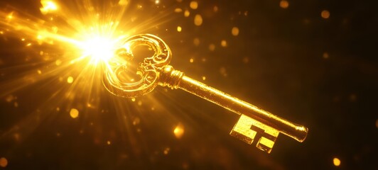 A golden key floating in a bright beam of light, symbolic of spiritual knowledge crisp edge