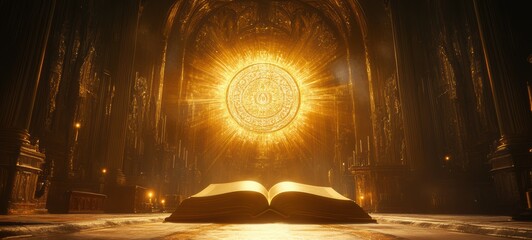 A golden sunburst halo shining over a sacred book crisp edges