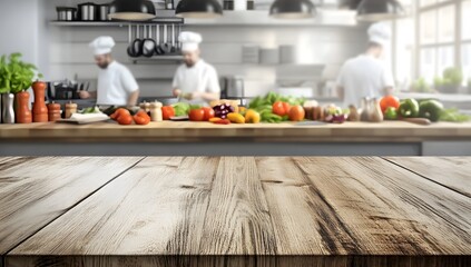 A Rustic Wooden Tabletop, Ready for Culinary Delights, Featuring a Blurry Background of a Professional Kitchen Staff and Fresh Ingredients.