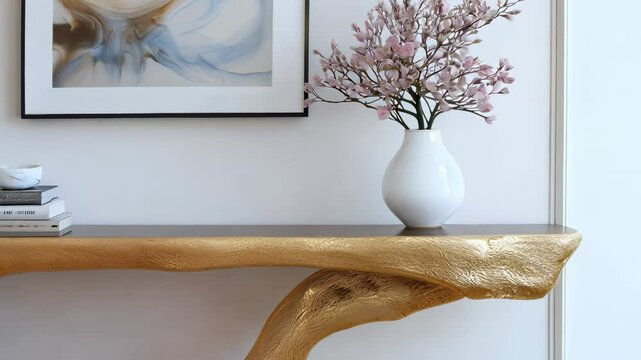 Elegant modern console table with gold finish and minimalist d&eacute;cor transition in bright living space
