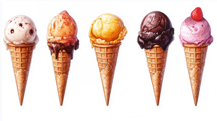Five colorful ice cream scoops melting and dripping down waffle cones, offering a refreshing summer treat