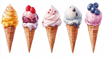 Watercolor painting showcasing five delectable ice cream cones, each featuring unique flavors, colors, and toppings, creating a visually appealing arrangement