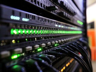 Fototapeta premium Data Center Equipment Showing Rows of Network Servers and Cables