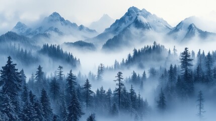 Serene Foggy Winter Landscape with Dense Evergreen Forests and Majestic Mountains in a Blue-Hued Atmosphere
