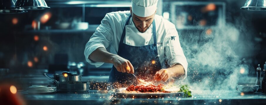 Male chef creating culinary art with fire and ingredients in kitchen