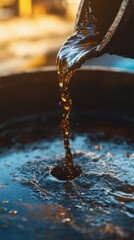 Close-up view of crude oil flowing from a barrel, highlighting industrial maintenance activities