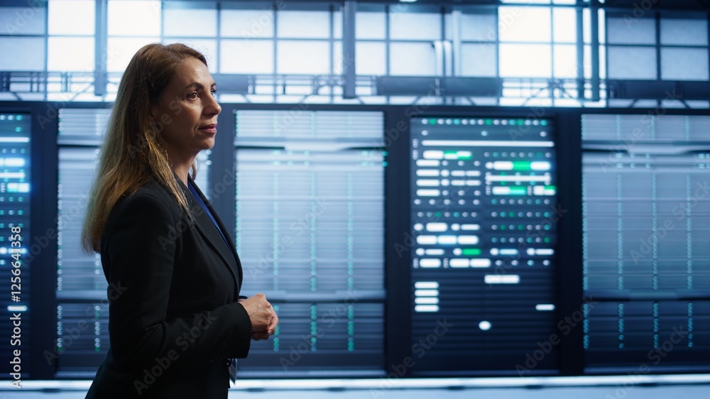 Poster engineer walking in data center workspace, monitoring systems to identify root cause of errors. woma