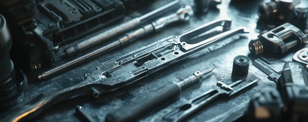 Fototapeta premium Assorted metal tools and screws on workbench surface in workshop setting