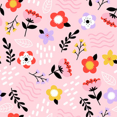 Pink flower seamless pattern. Spring pastel background. 
